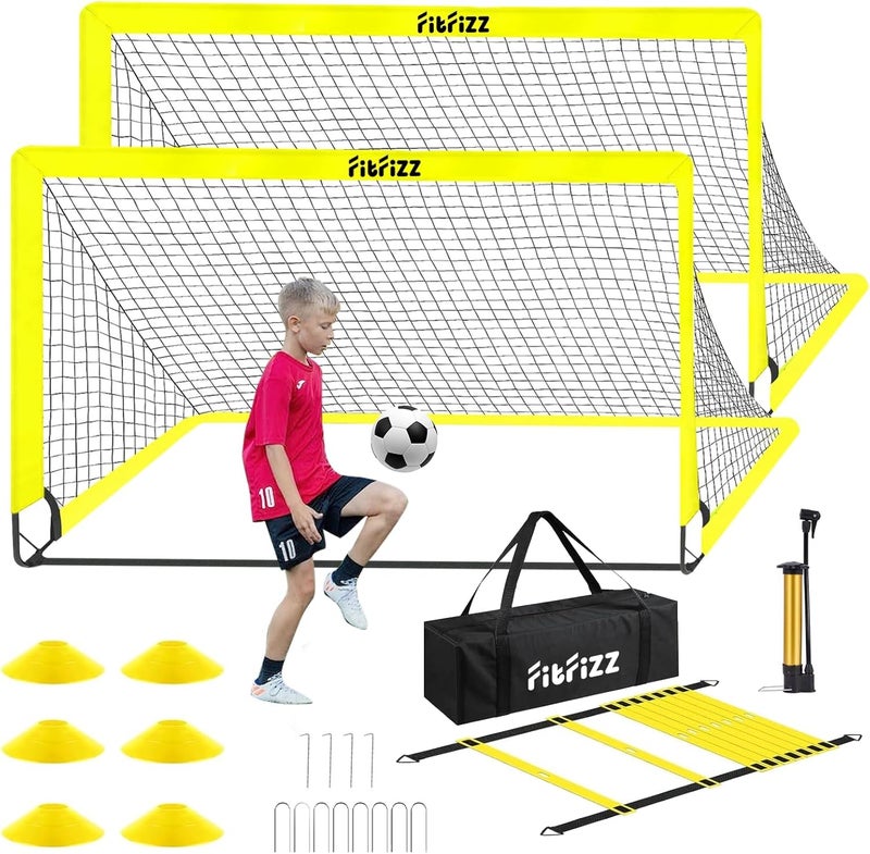 FITFIZZ هدف كرة القدم، أهداف كرة القدم للفناء الخلفي، شبكة كرة قدم قابلة للطي بحجم 6x4 قدم، معدات تدريب كرة القدم مع كرة قدم، سلم وأقماع - Image 1